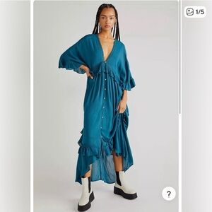 Free People Teal Button-Down Maxi Dress